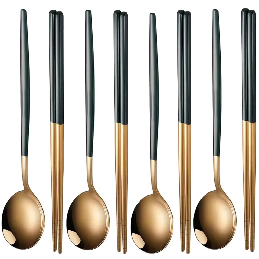 4pcs Household Black Gold Cutlery Set Chopsticks Spoon Gold Stainless Steel Kitchen Dinnerware Set Tableware Set