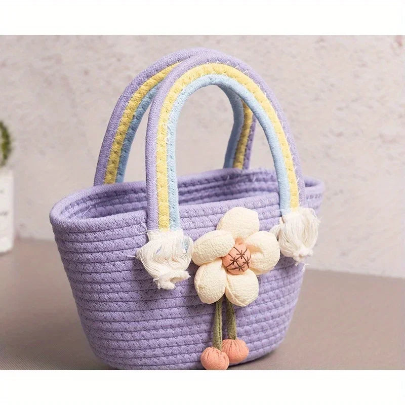Rainbow braided bag cotton rope women's bag student handbag wedding handbag hand carry gift bag beach bag