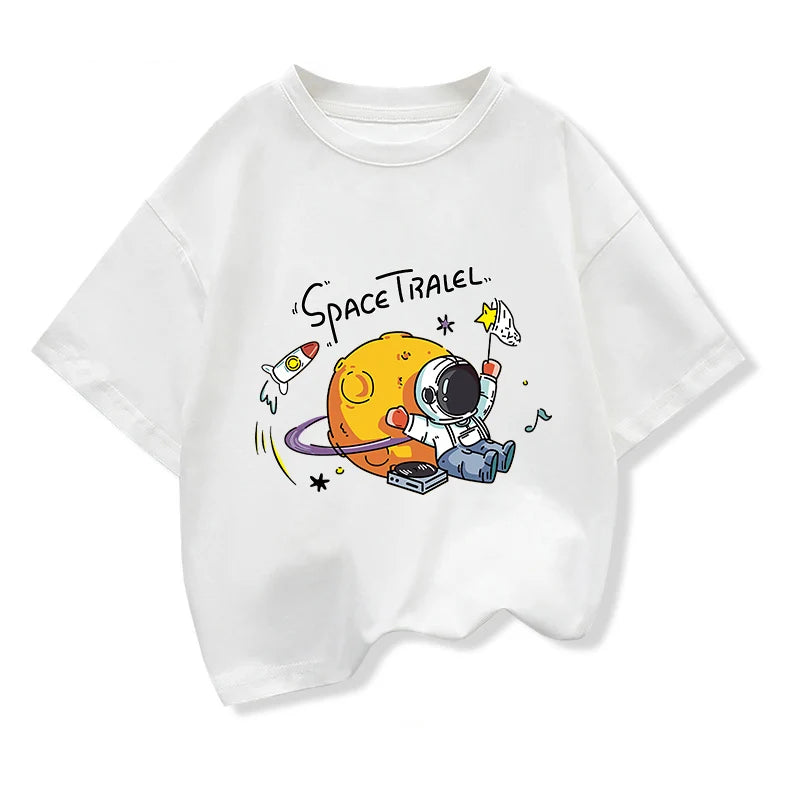 2025 New Kids Clothing Spaceman Travel Graphic Summer T-Shirt Boy And Girl Cotton Fashion Tops Teen Boys Loose Short Sleeve Tee