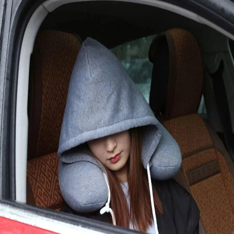 U-Shape Airplane Pillow with Hoodie Soft Comfortable Hooded Neck Travel Pillow