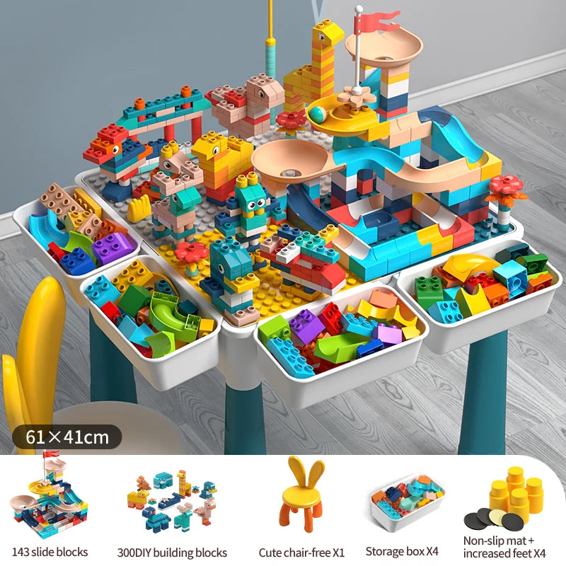 Activity Water Table 5-in-1 Kids Toys and Chair Set with 143pcs Large Marble Run DIY Building Block for Kids Ages 3+