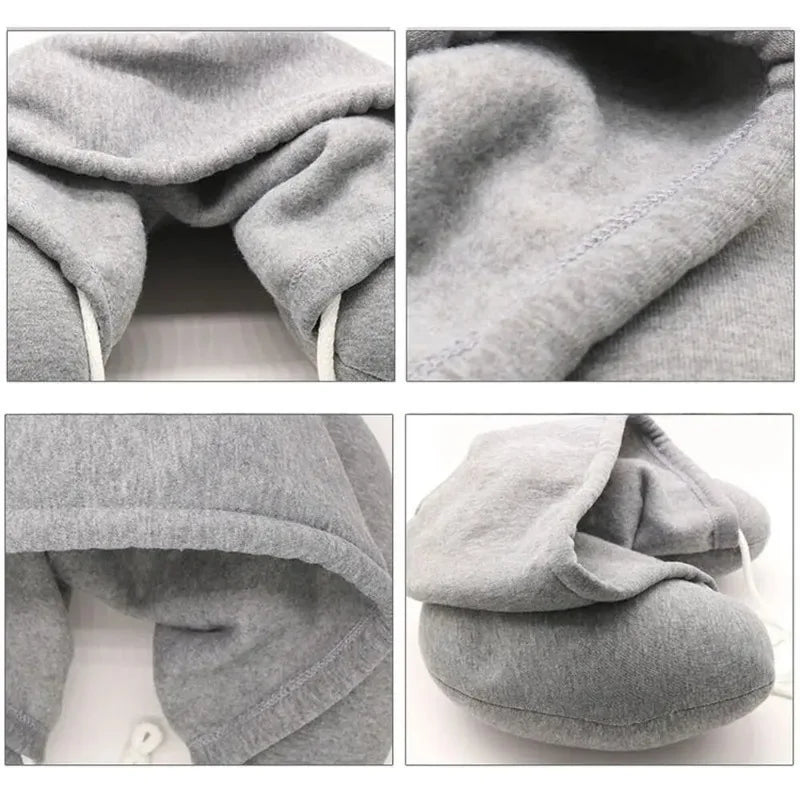 U-Shape Airplane Pillow with Hoodie Soft Comfortable Hooded Neck Travel Pillow