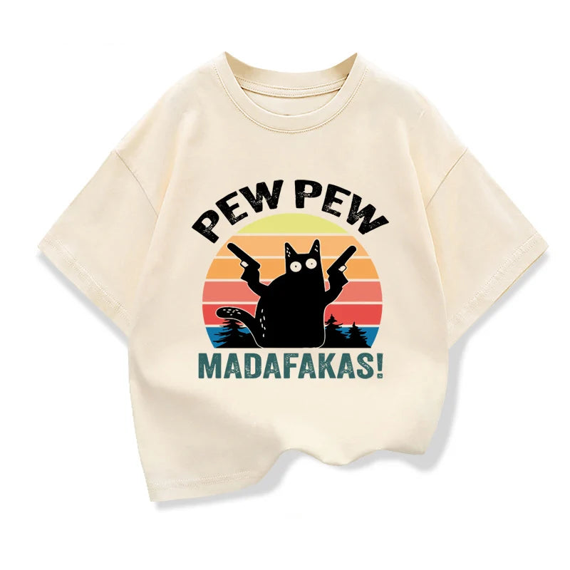 2025 New Kids Summer Clothes Cartoon Cat Graphic Kids Boys Fashion Short Sleeve T-shirt Girls Loose Oversize tshirts O-neck Tops