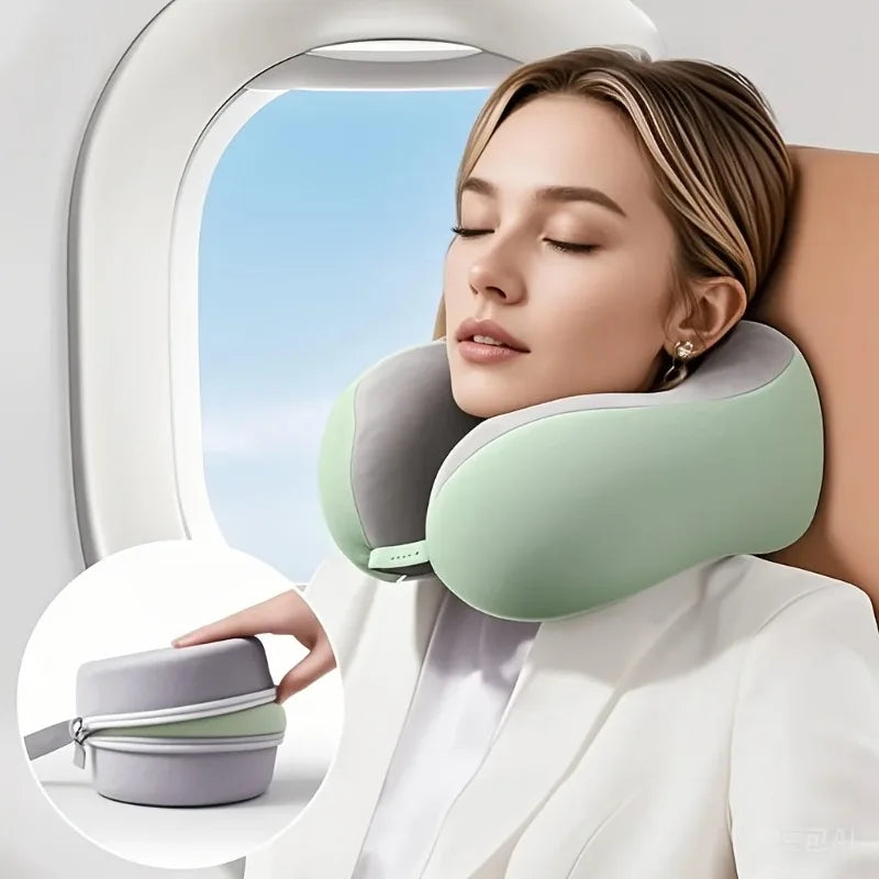 Comfortable U-shaped neck pillow with storage bag – ideal for travel, napping, and office use