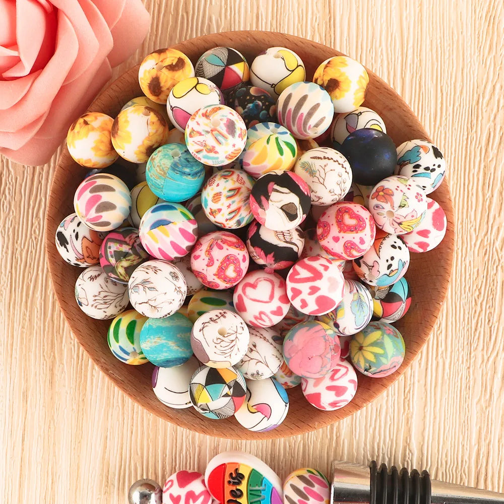 10Pcs/lot Printed Silicone Beads 15mm Round Leopard Terrazzo Dalmatian Camo Silicone Beads For Jewelry Making DIY Accessories
