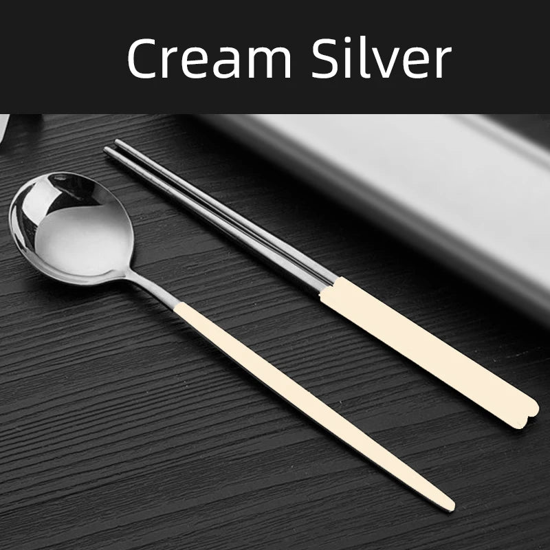 2pcs Stainless Steel Food Chopsticks Spoon Set Long Handle Flat Non-slip Chopsticks Dessert Spoons Dinnerware Set