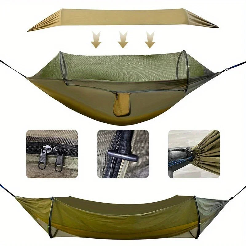 Outdoor Double Hammock with Anti-Rollover Automatic Quick-Opening Swing Feature Built-in Mosquito Net for Camping