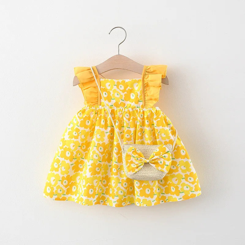 2024 New In Summer Baby Dresses For Girls Korean Cute Flowers Doll Collar Sleeveless Princess Kids Dress+Bag 2Piece Sets