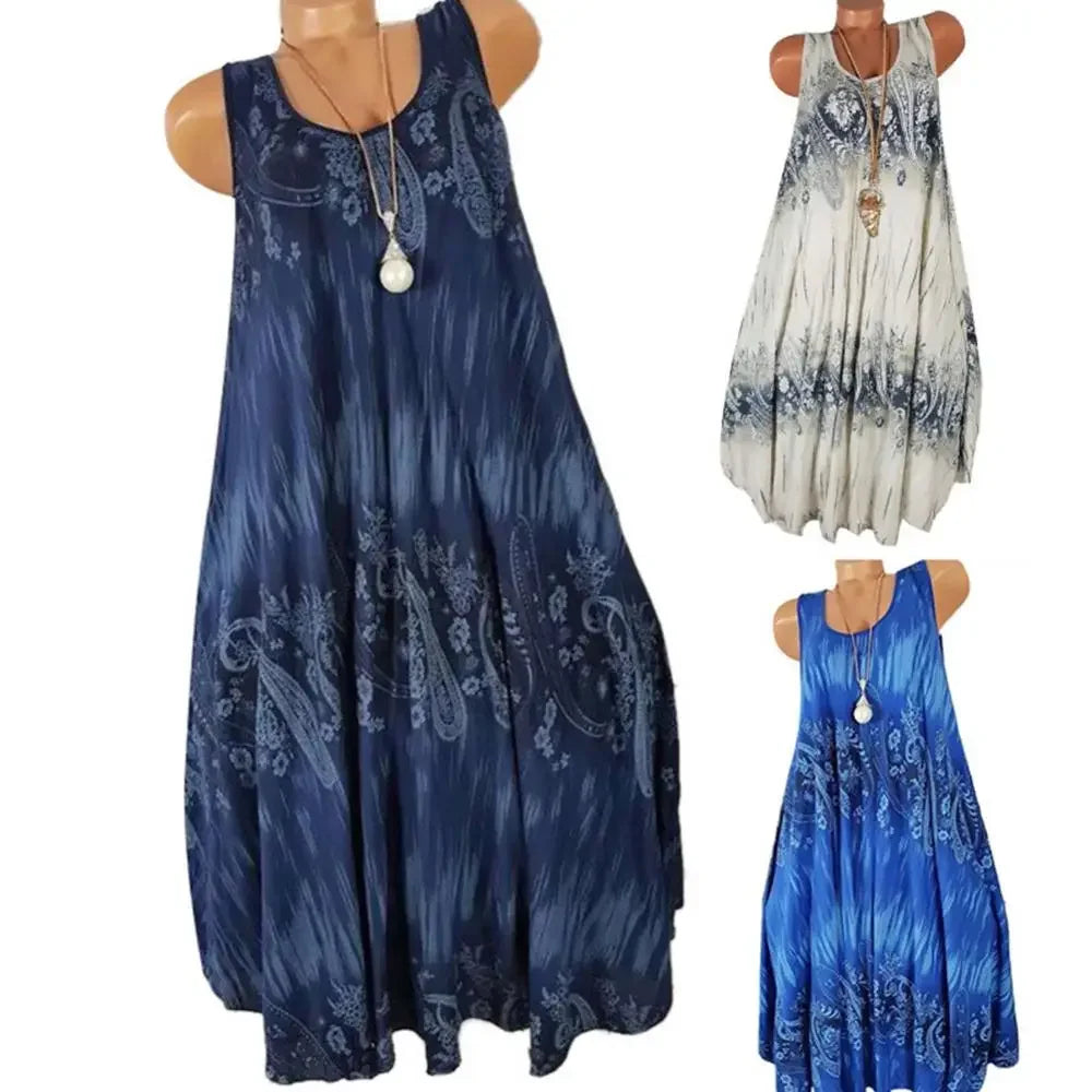 Hot Sales Women Skirt Summer Floral Print Round Neck Sleeveless Loose Pleated Plus Tank Dress for Female