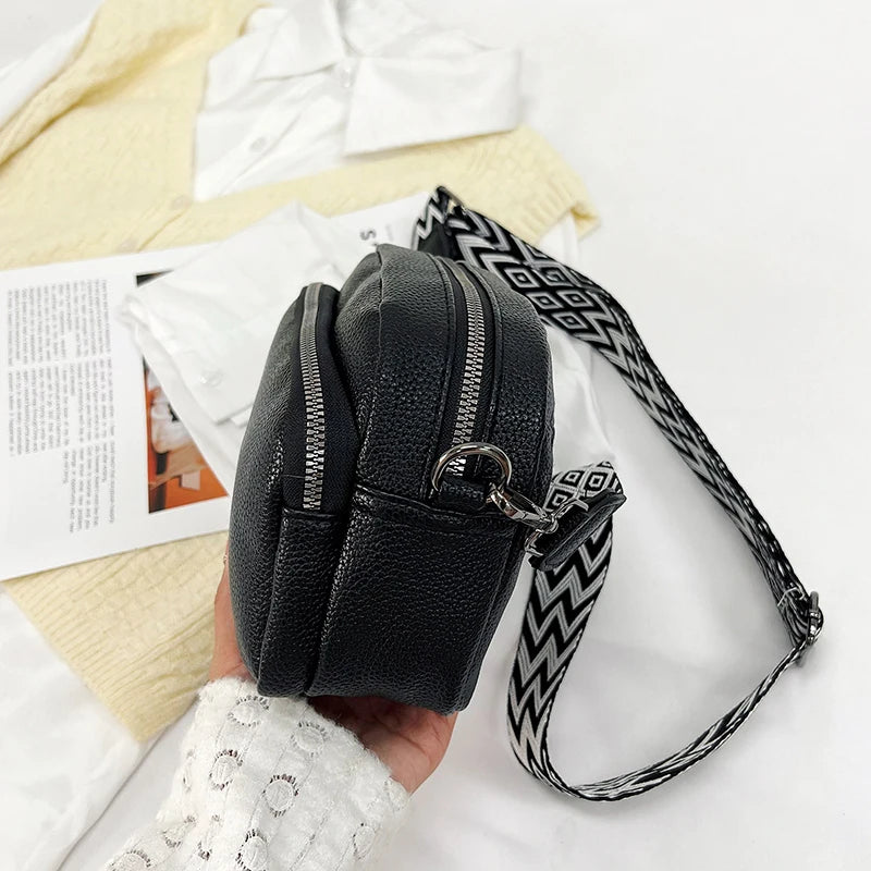 1 piece ladies pure color pu messenger bag fashion wide shoulder strap women's bag multi-flap pocket pants square bag