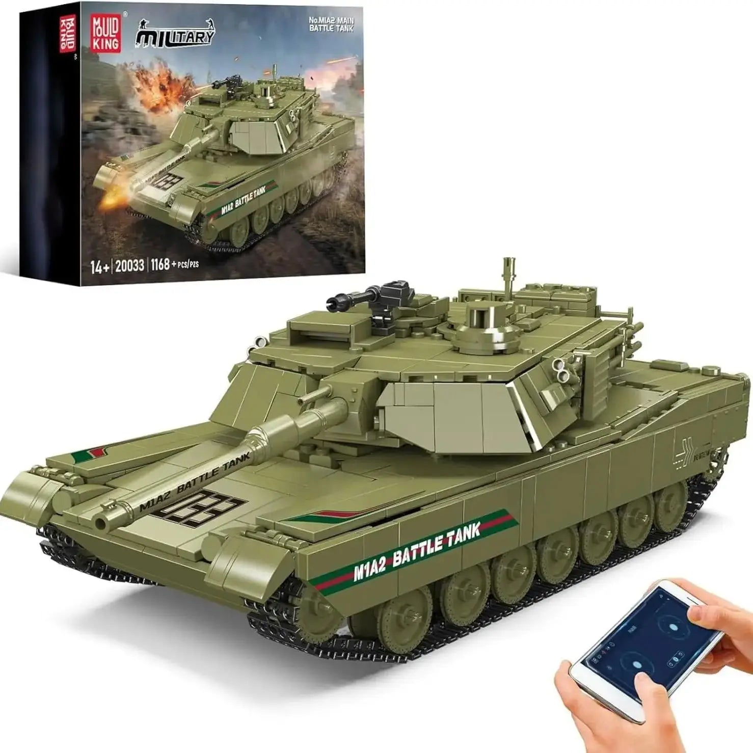Mould King 20033 1168 PCS RC Military Tank Building Kit, APP Controlled Army Model for Adults & Teens, Collectible Display Gift