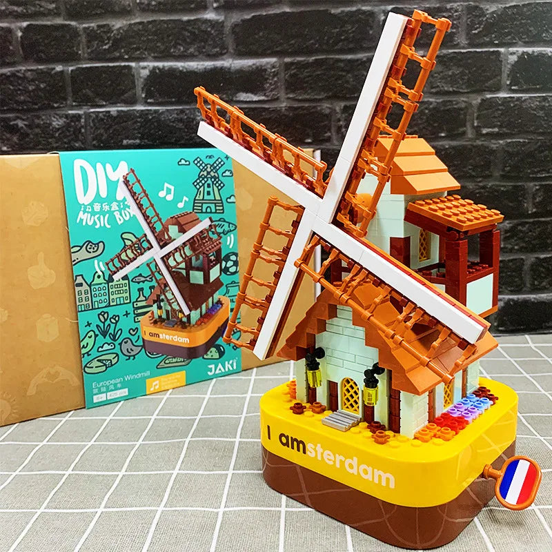 2025 New Dutch Windmill Music Box Building Blocks Kit-European-style Windmill Bricks Model,Home Decor DIY Toy Kids Birthday Gift