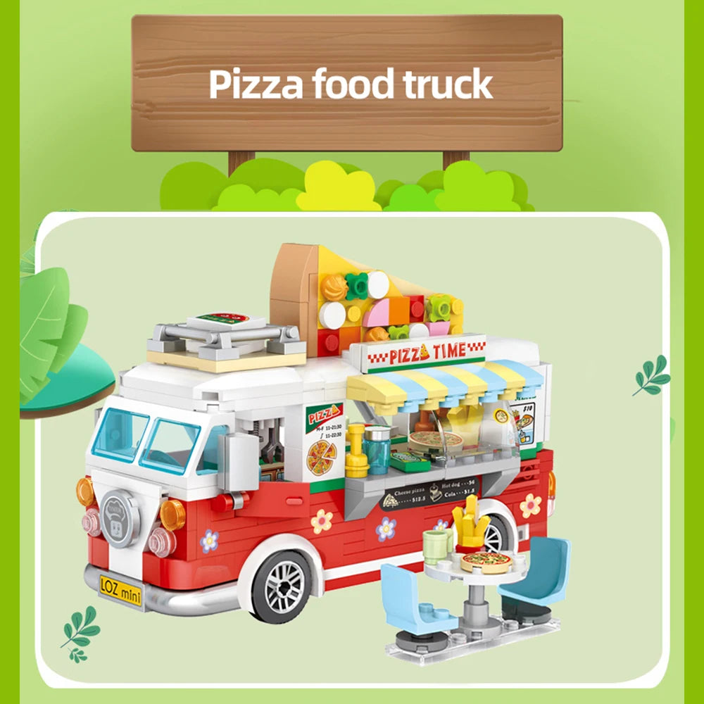 491pcs Street Stalls Pizza Trucks Coffee Food Shops Collection ABS Materials Birthday Gifts for Kid and Adults with Box