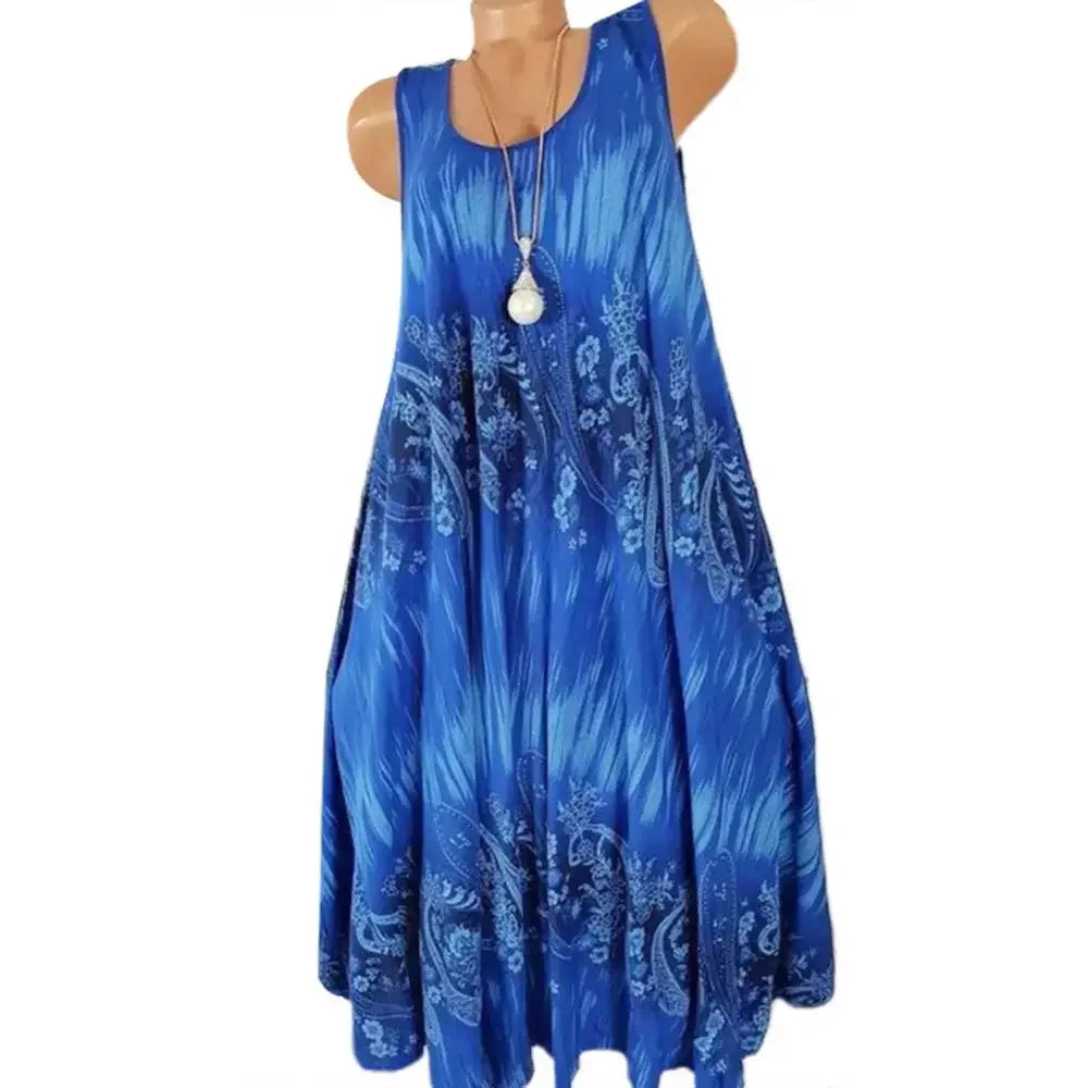 Hot Sales Women Skirt Summer Floral Print Round Neck Sleeveless Loose Pleated Plus Tank Dress for Female