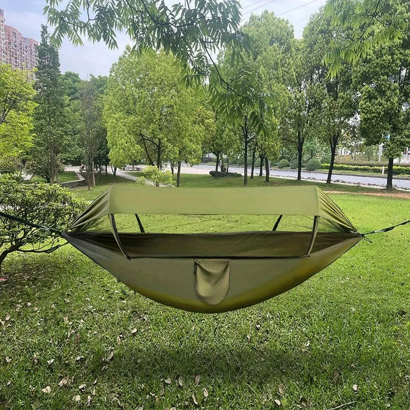 Outdoor Double Hammock with Anti-Rollover Automatic Quick-Opening Swing Feature Built-in Mosquito Net for Camping