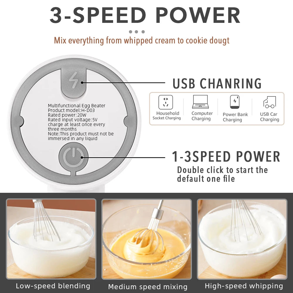 Wireless Electric Food Mixer Portable 3 Speeds Egg Beater Baking Dough Cake Cream Milk Frothers Kitchen Tools