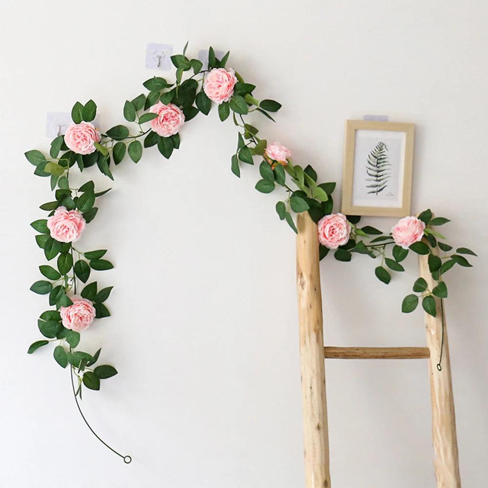 1PC Peony Flower Tea Flower Vine Green Plant Air Conditioner Pipe Decoration Rose Leaf Artificial Flower Vine Strip