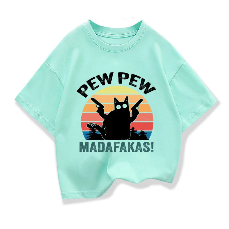 2025 New Kids Summer Clothes Cartoon Cat Graphic Kids Boys Fashion Short Sleeve T-shirt Girls Loose Oversize tshirts O-neck Tops