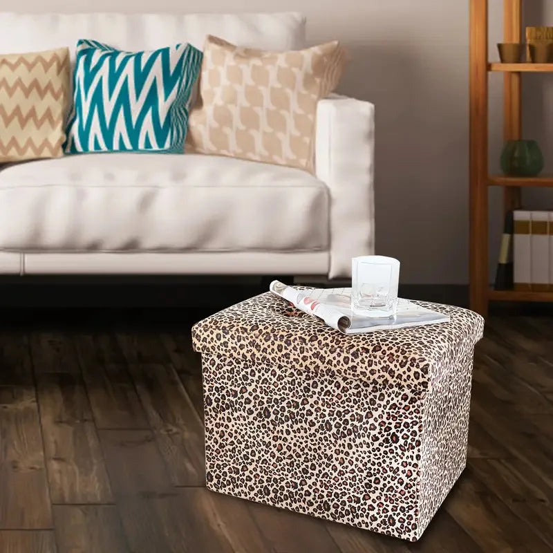 New leopard print flannel stool, can sit storage stool folding shoe changing stool