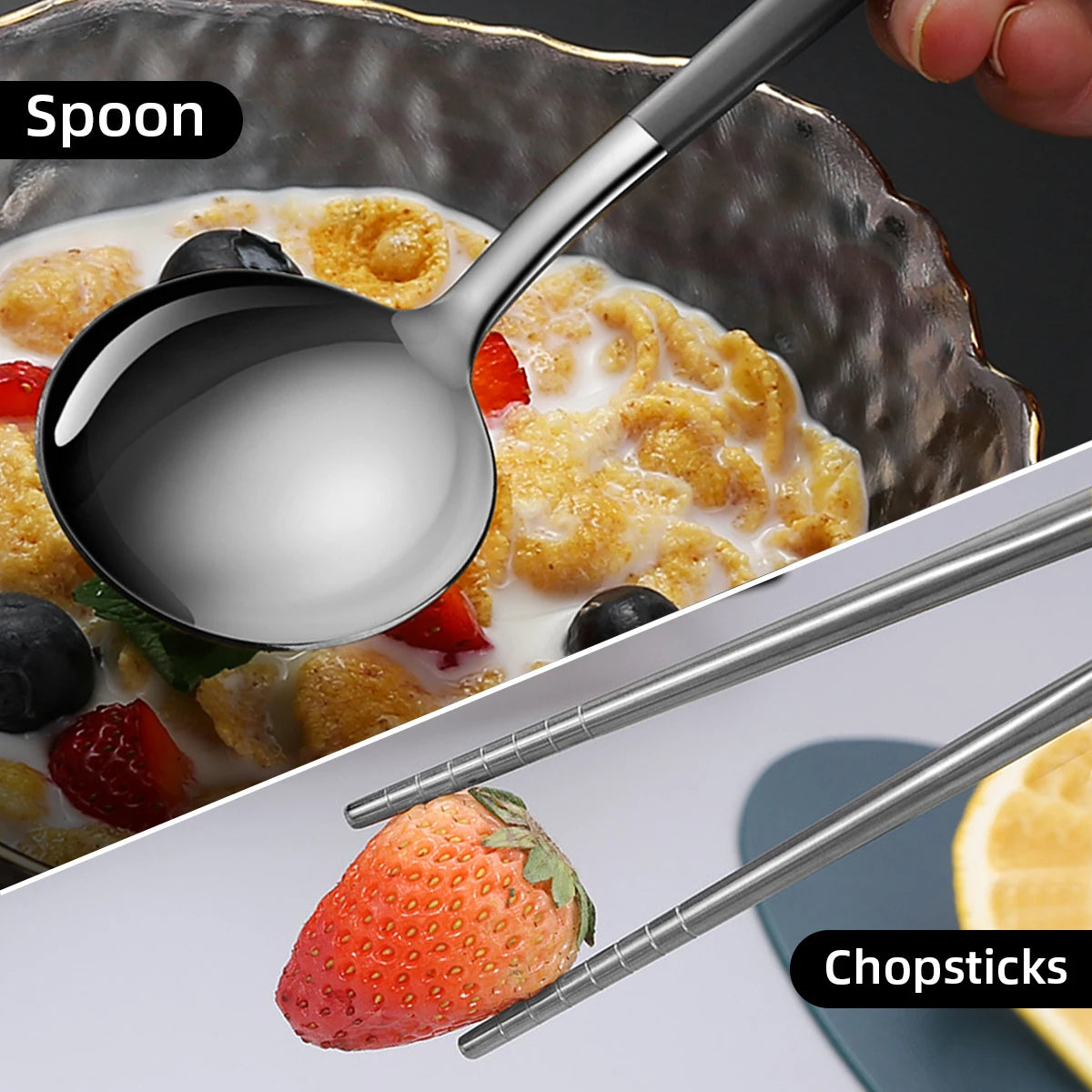 2pcs Stainless Steel Food Chopsticks Spoon Set Long Handle Flat Non-slip Chopsticks Dessert Spoons Dinnerware Set