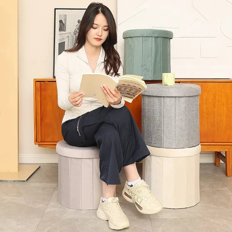 Creative Round Bucket Teddy Leather Stool Soft Fabric Ottoman Bench Home Makeup Chair with Storage