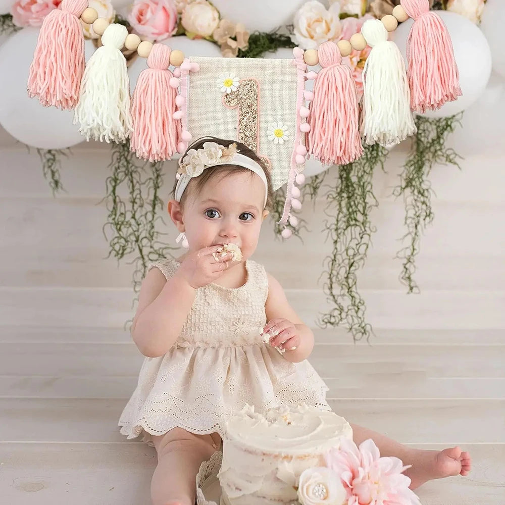 1PC Baby Birthday Banner Venue Decoration, Cowboy Wood Bead Tassels, First Birthday Flag, Party Photography Props