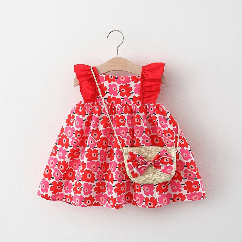 2024 New In Summer Baby Dresses For Girls Korean Cute Flowers Doll Collar Sleeveless Princess Kids Dress+Bag 2Piece Sets