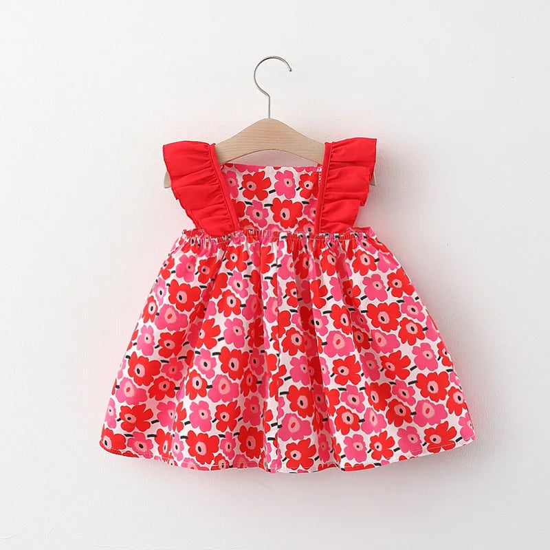 2024 New In Summer Baby Dresses For Girls Korean Cute Flowers Doll Collar Sleeveless Princess Kids Dress+Bag 2Piece Sets