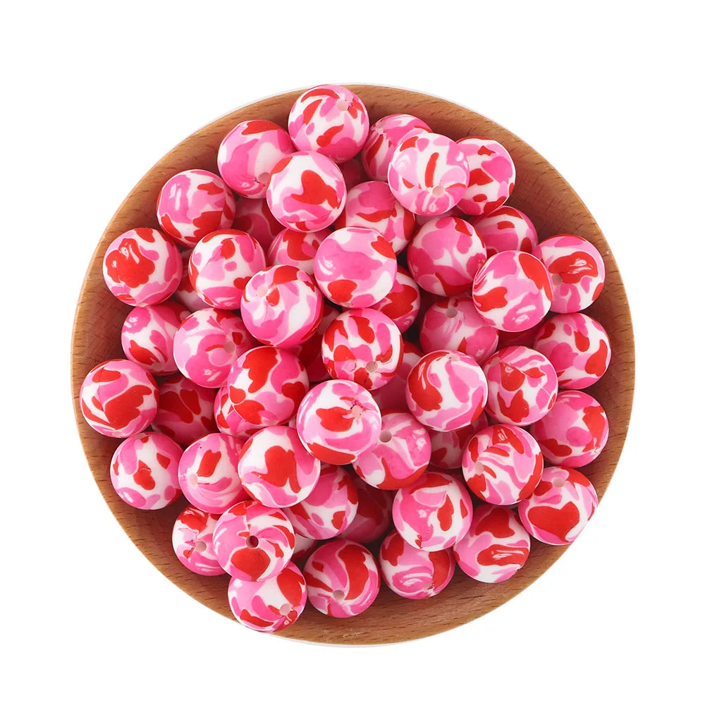 10Pcs/lot Printed Silicone Beads 15mm Round Leopard Terrazzo Dalmatian Camo Silicone Beads For Jewelry Making DIY Accessories
