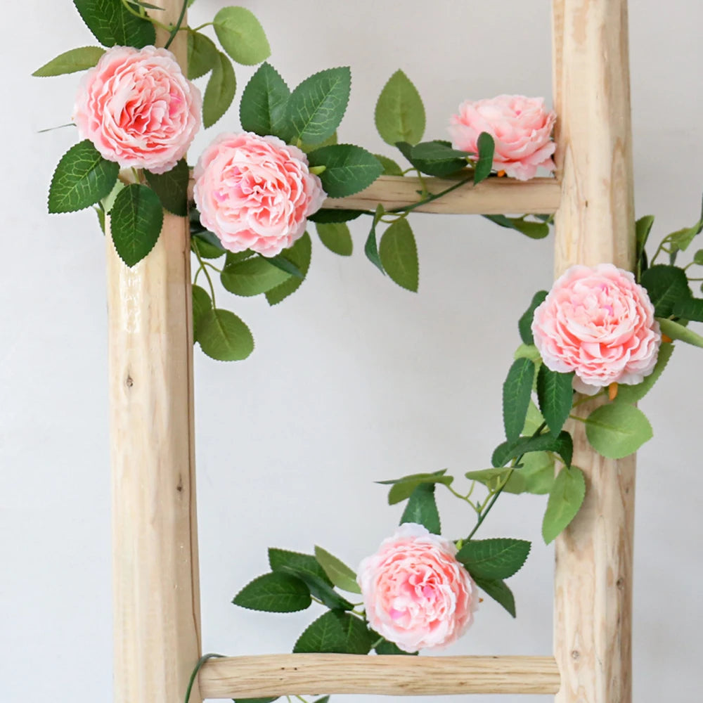 1PC Peony Flower Tea Flower Vine Green Plant Air Conditioner Pipe Decoration Rose Leaf Artificial Flower Vine Strip