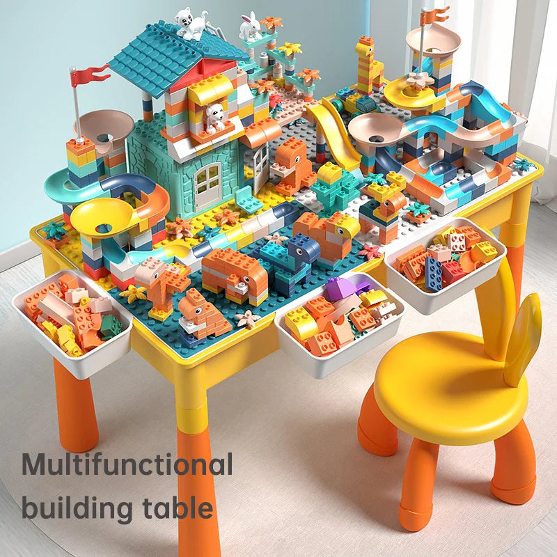 Activity Water Table 5-in-1 Kids Toys and Chair Set with 143pcs Large Marble Run DIY Building Block for Kids Ages 3+