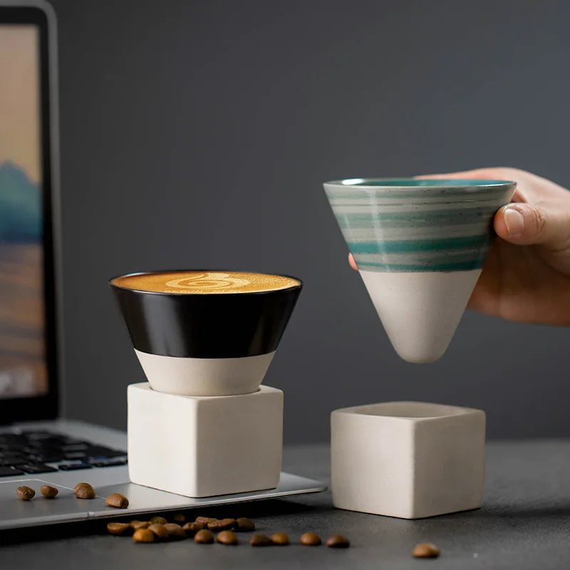 1pc Retro Japanese Triangular Cone Shape Pottery Tea Coffee Cup Pull Ceramic Mug Rough Latte Porcelain Cup For Home Office