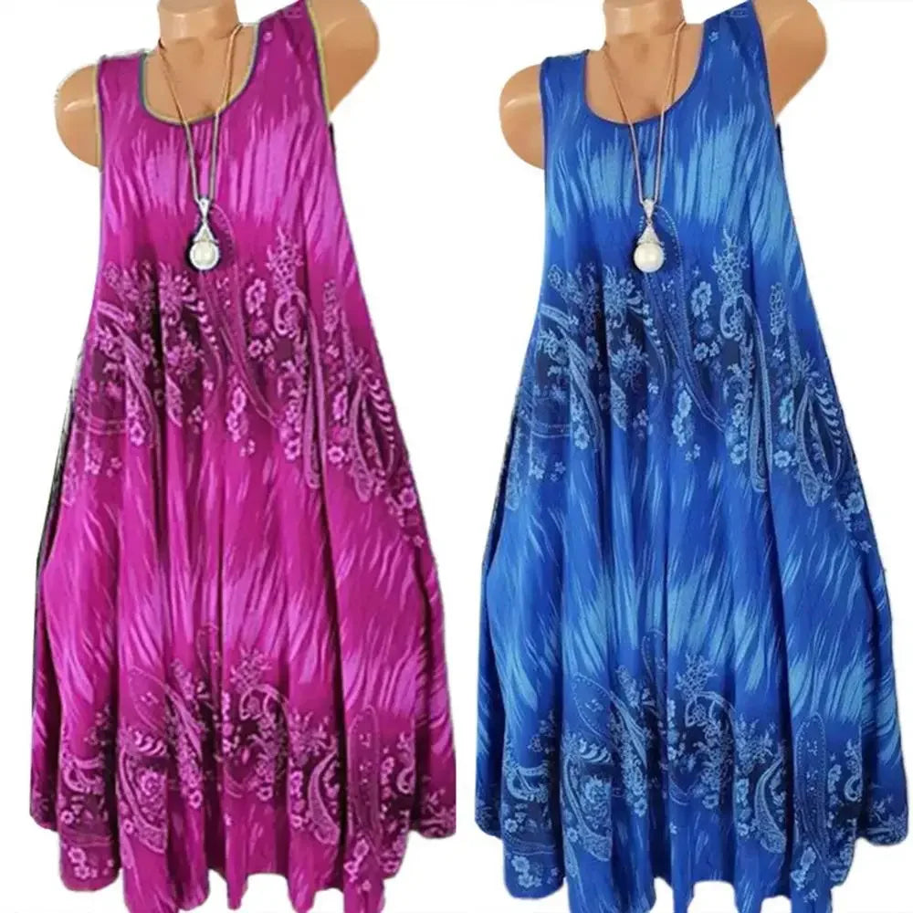Hot Sales Women Skirt Summer Floral Print Round Neck Sleeveless Loose Pleated Plus Tank Dress for Female