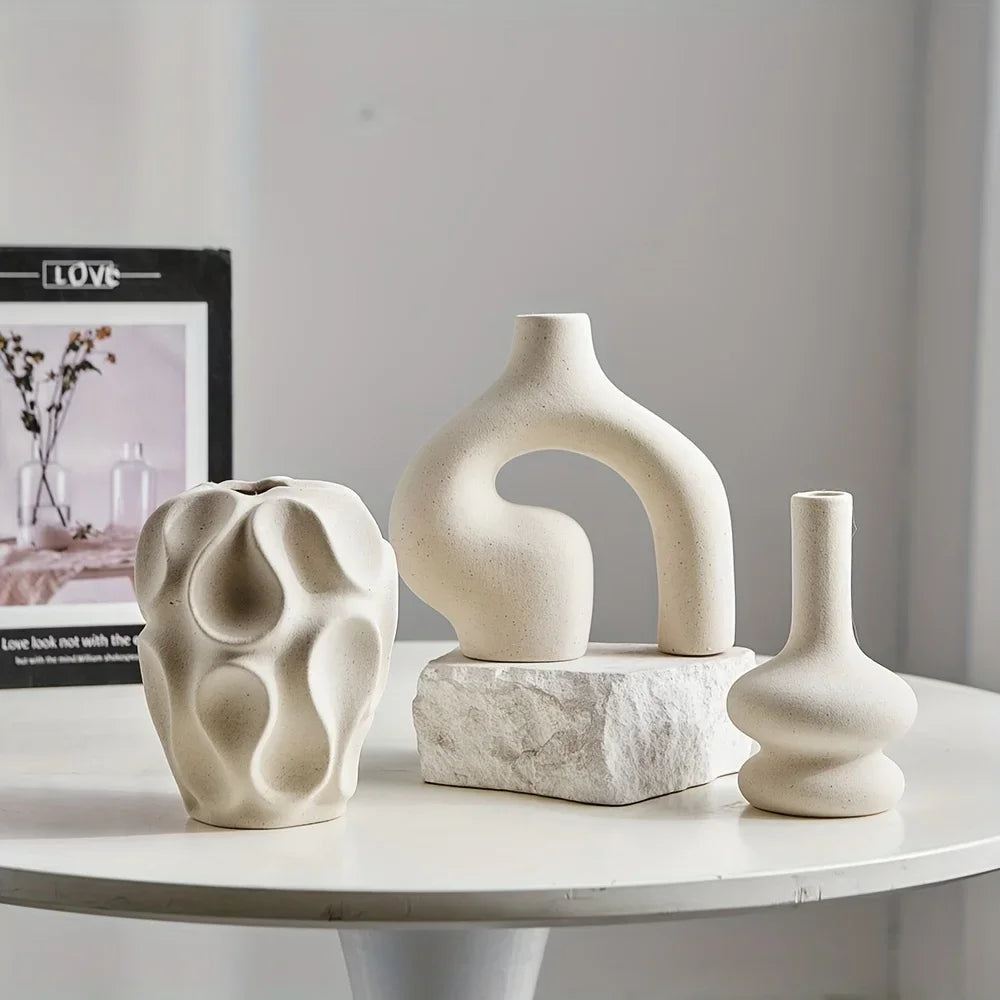 Modern Nordic minimalist circular and donut shaped geometric pattern vases are perfect for fashionable home decor