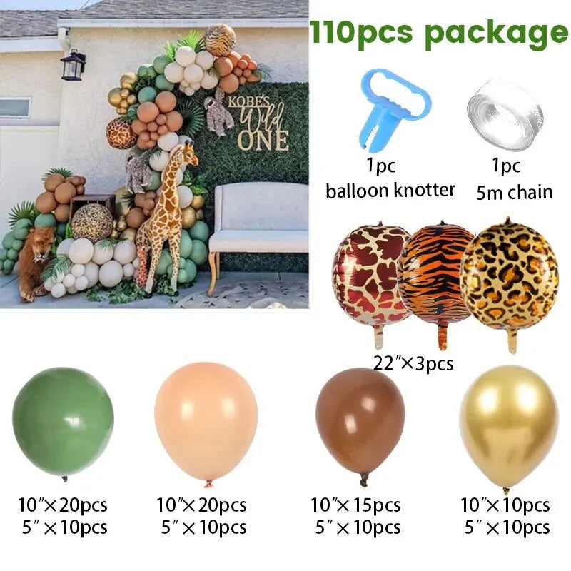 1Set, Safari Park Jungle Balloon Flower Arch Set Tropical Theme Party Supplies Birthday Wedding Graduation Gold White Decoration