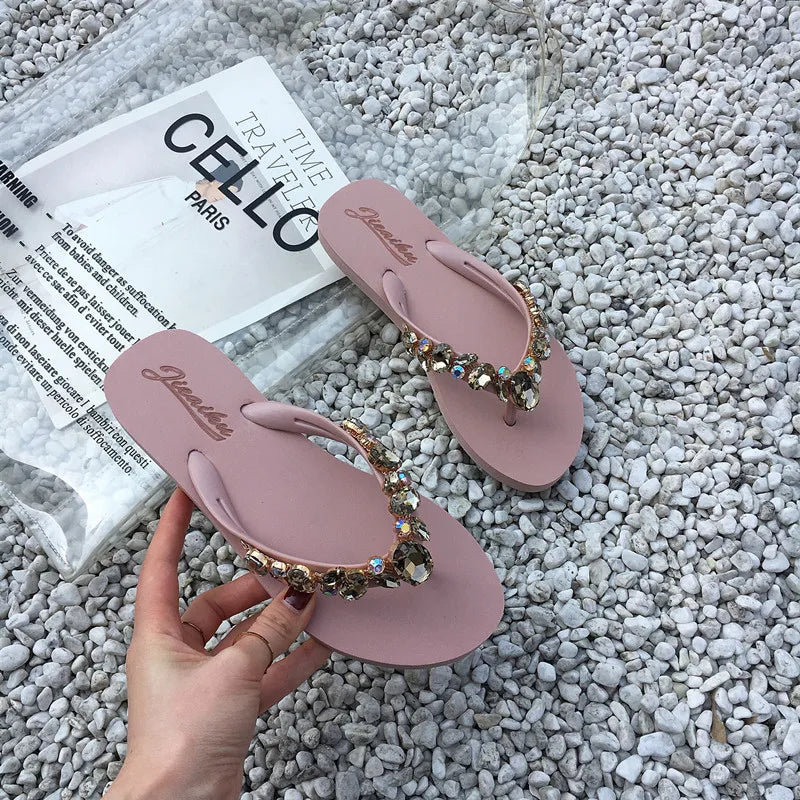 Anti slip rhinestone casual champagne vacation summer cool slippers flip flops new jacket fashionable beach style 1.5 heel high