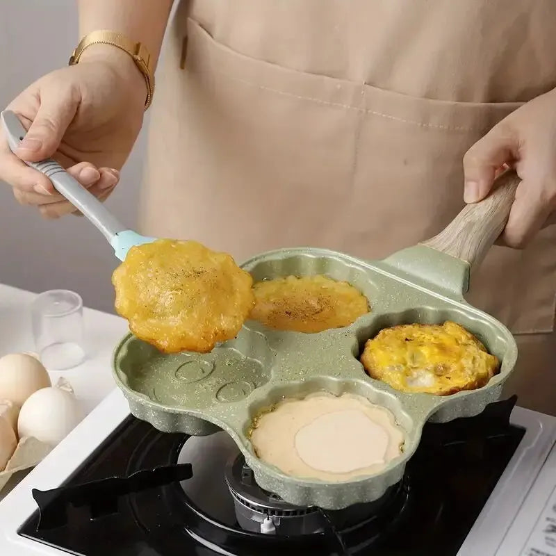 1PC Home Creative Porous Frying Pan Medical Stone Non-Stick Wood Grain Handle Breakfast Mini Egg Dumpling Pan