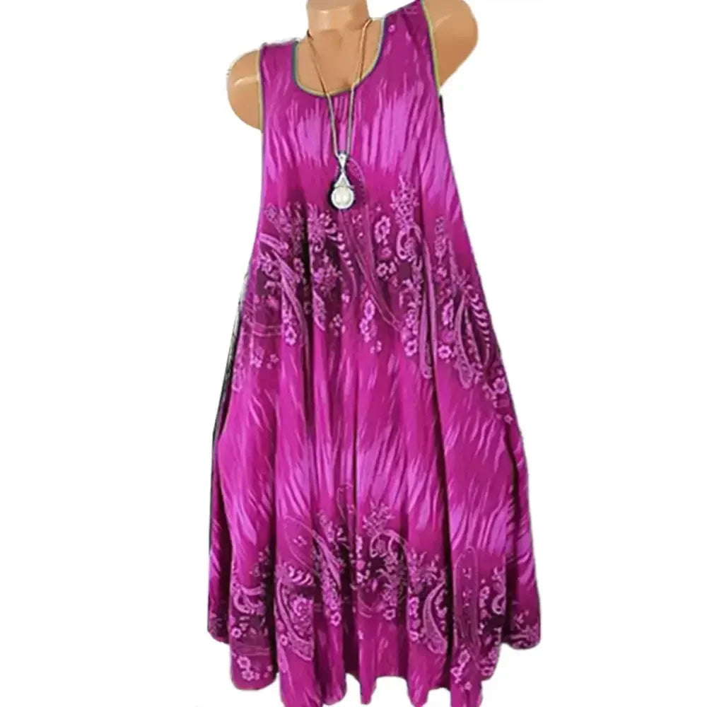 Hot Sales Women Skirt Summer Floral Print Round Neck Sleeveless Loose Pleated Plus Tank Dress for Female