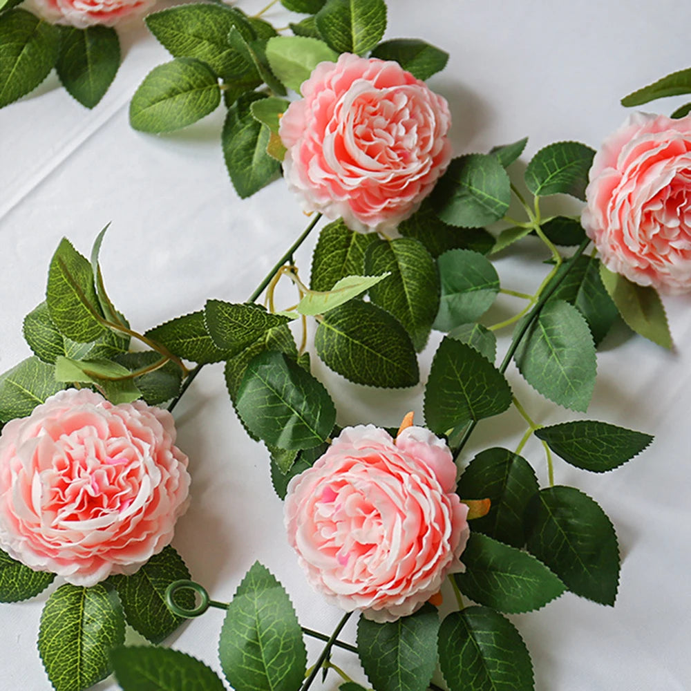 1PC Peony Flower Tea Flower Vine Green Plant Air Conditioner Pipe Decoration Rose Leaf Artificial Flower Vine Strip
