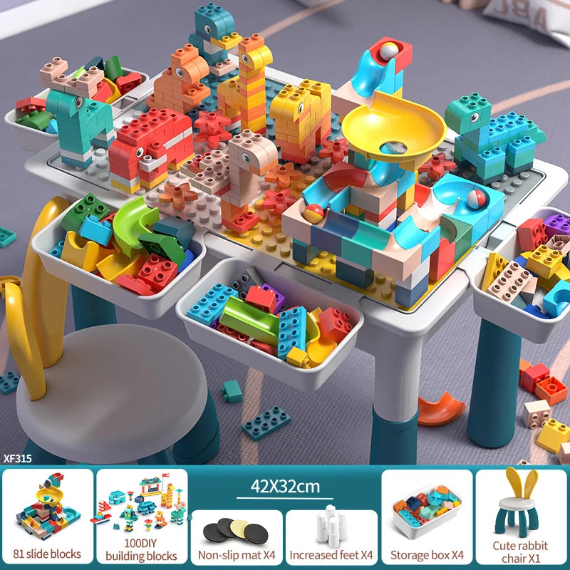 Activity Water Table 5-in-1 Kids Toys and Chair Set with 143pcs Large Marble Run DIY Building Block for Kids Ages 3+