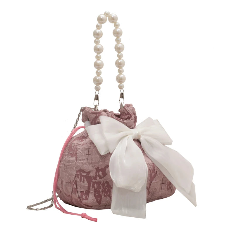 1 Piece Ladies Nylon Bucket Bag fashion Bow Decoration Women's Bag Beaded Handbag Chain Crossbody Bag