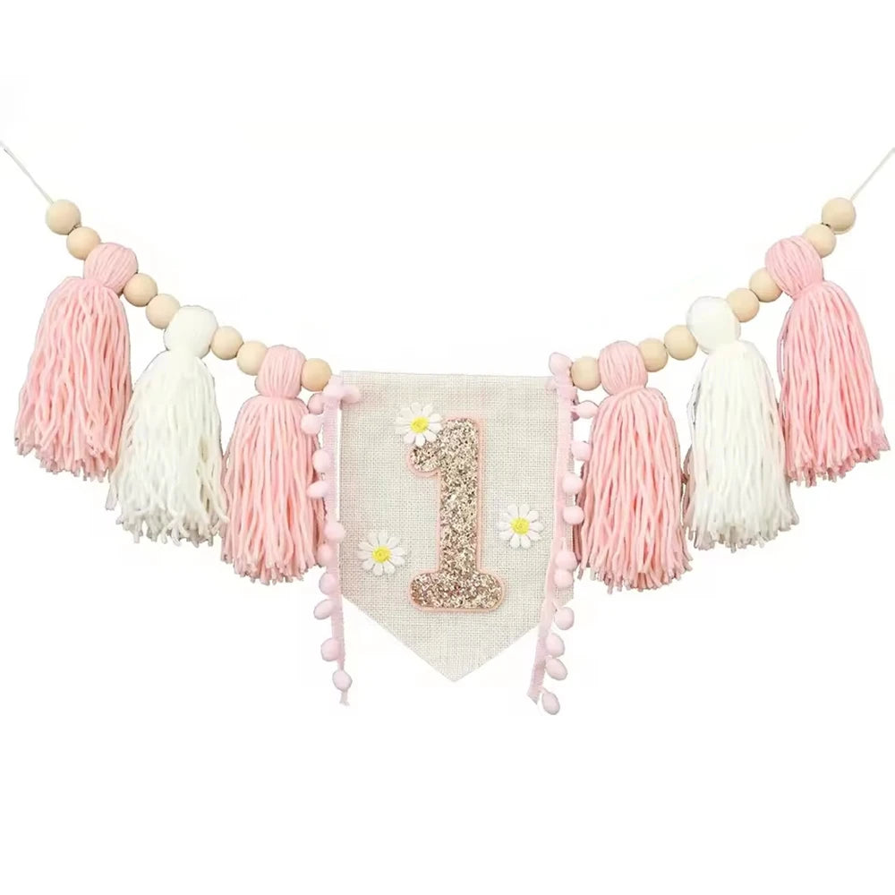 1PC Baby Birthday Banner Venue Decoration, Cowboy Wood Bead Tassels, First Birthday Flag, Party Photography Props