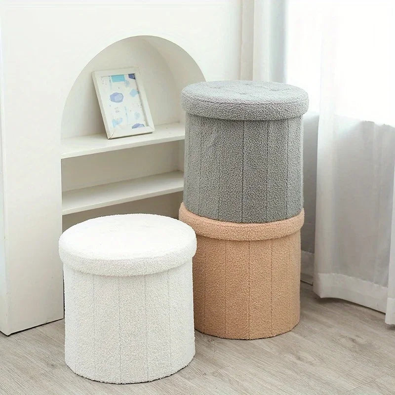 Creative Round Bucket Teddy Leather Stool Soft Fabric Ottoman Bench Home Makeup Chair with Storage