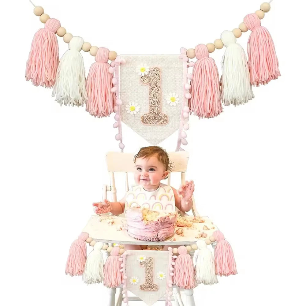 1PC Baby Birthday Banner Venue Decoration, Cowboy Wood Bead Tassels, First Birthday Flag, Party Photography Props