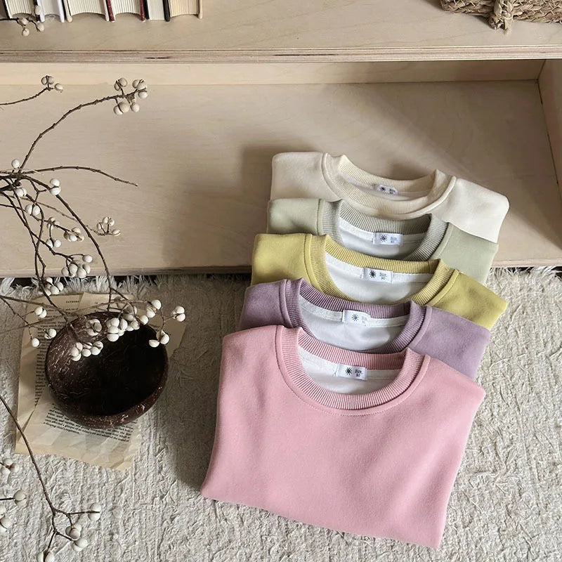 Children Autumn Toddler Boys Sweatshirts New Solid Color Kids Baby Girls Tops Round Neck Loose Simple Versatile Tops