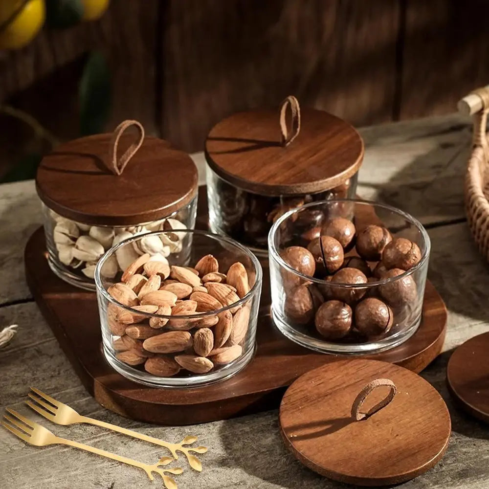 Glass Storage Bottle Divided Dried Fruit Tray with Wooden Lid Dried Fruit Snack Storage Bottle Wooden Tray Household Snack Tray