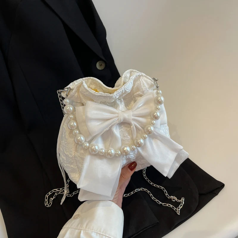 1 Piece Ladies Nylon Bucket Bag fashion Bow Decoration Women's Bag Beaded Handbag Chain Crossbody Bag