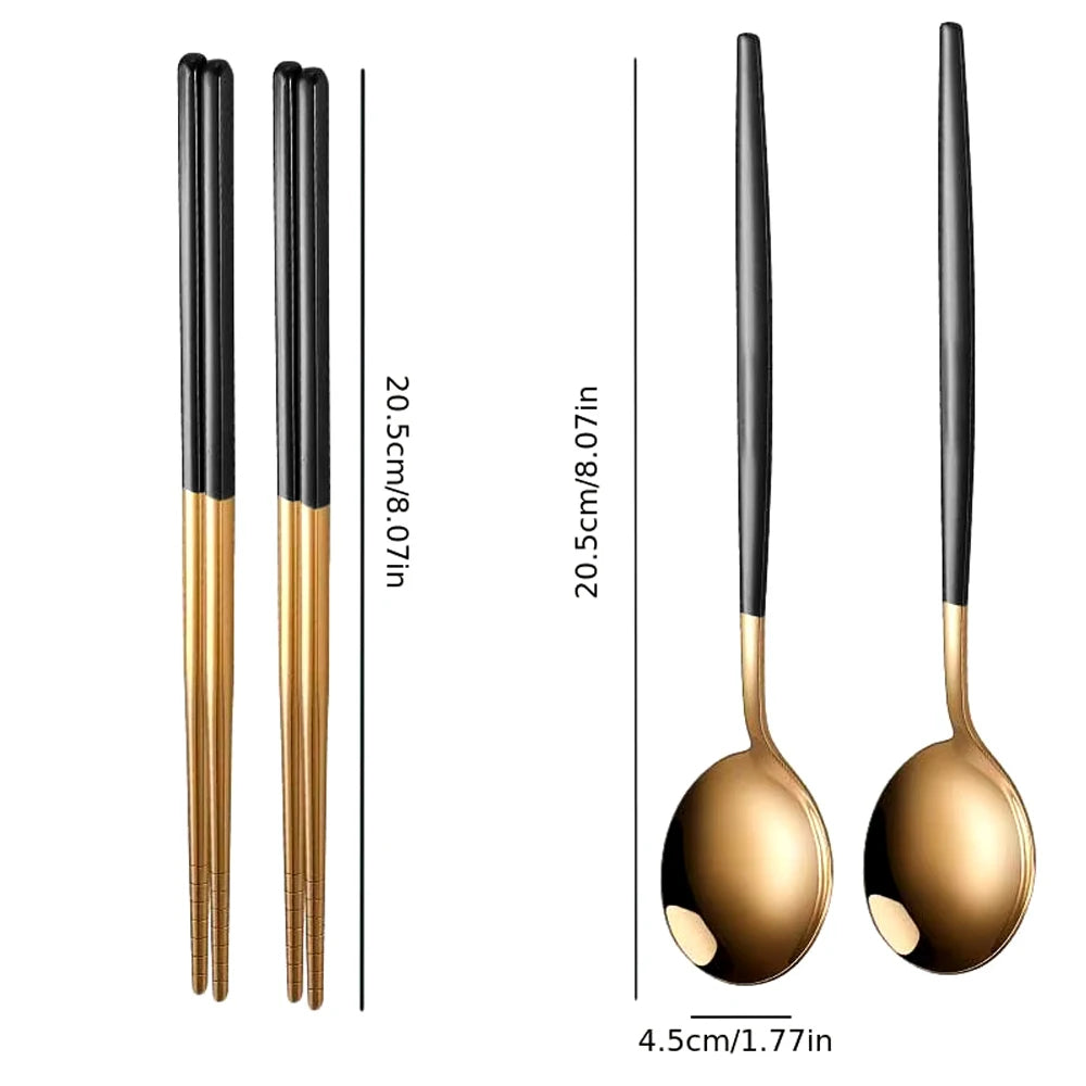 4pcs Household Black Gold Cutlery Set Chopsticks Spoon  Gold Stainless Steel Kitchen Dinnerware Set Tableware Set