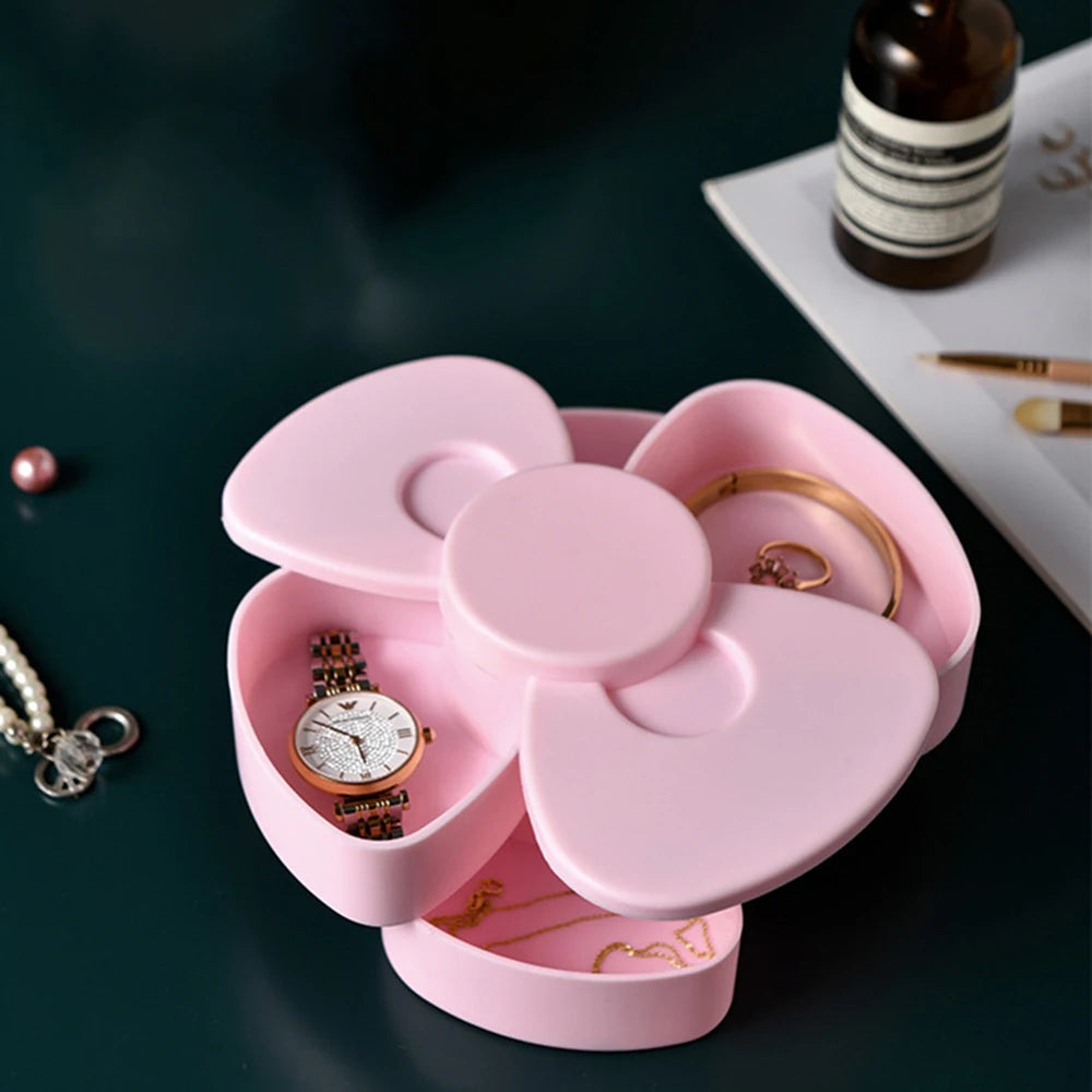 2PCS  Jewelry Box 360 Degree Rotating Bow Compact Cosmetic Portable Hairpin Headstring Desktop Storage Box