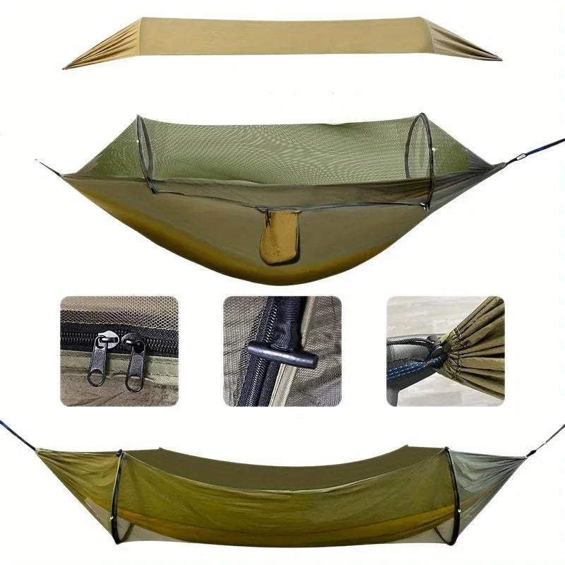Outdoor Double Hammock with Anti-Rollover Automatic Quick-Opening Swing Feature Built-in Mosquito Net for Camping